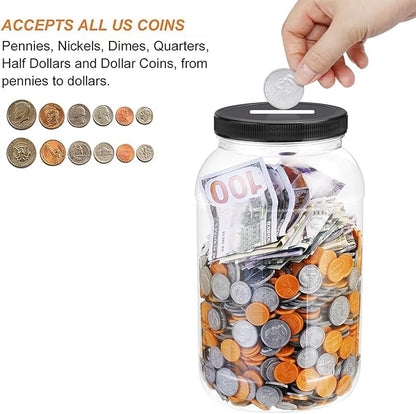 Large Clear Coin Bank Jar with Slotted Lid, One Gallon Plastic Money Tip Change Savings Jar for Coin or Raffle Ticket, Big Clear Money Tip Piggy Change Bank Box for Adults Teens