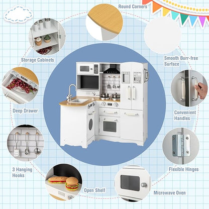 Costzon Corner Kids Kitchen Playset, 11-in-1 Wooden Toy Kitchen Set with Realistic Washing Machine, Microwave, Oven, Stove, Refrigerator, Range Hood, Telephone, Play Kitchen for Toddlers Boys Girls