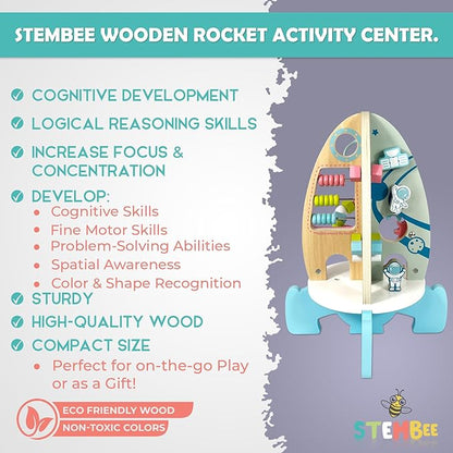 Space Rocket Wooden Activity Cube for Toddlers 1-3 - Includes Colorful Bead Maze for Montessori Sensory Development. Fun Toy Activity Center for Baby Boys & Girls. Excellent First Birthday Gift