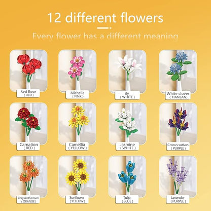 SIENON Flower Bouquet Building Blocks Set-1064PCS, 12 Kinds of Flowers Botanical Collection, Assorted Flowers Brick Toys Creative Project for Home Room Decoration Valentines’ Day Christmas Birthday