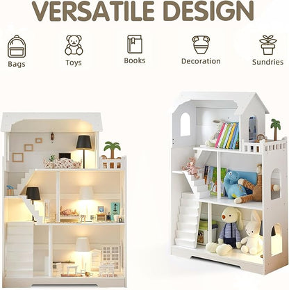 Wooden Dollhouse Bookshelf - Toddler Doll House Bookcase, Extra Space Kids Toy Storage Book Shelf, 3-Tier Children Dollhouse, Pretend Play Toy House, Gift for Girls & Boys Ages 3+