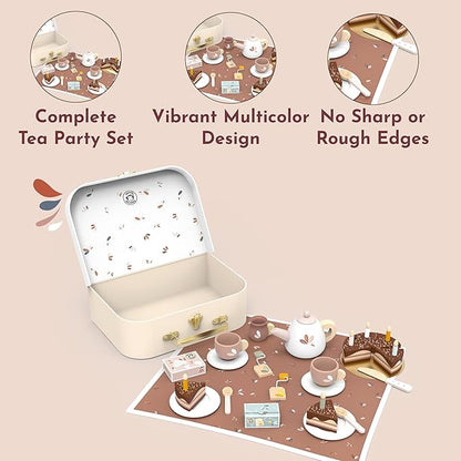 Speedy Monkey Birthday Tea Set for Kids – FSC Wooden Pretend Play Tea Party & Food Set with Teapot, Cups, Cake & Tea Bag – Toddler Girls Imaginative Role Play Kitchen Toy – Colorful Gift for Dollhouse