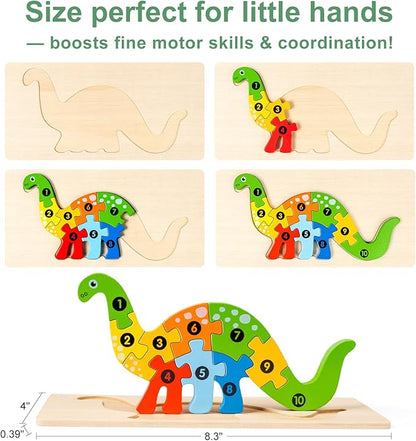9 Pack, Wooden Puzzles for Kids, Toddler Number Puzzle, Animal Dinosaur Toddler Toys, Montessori Toys for Kids Ages 3+