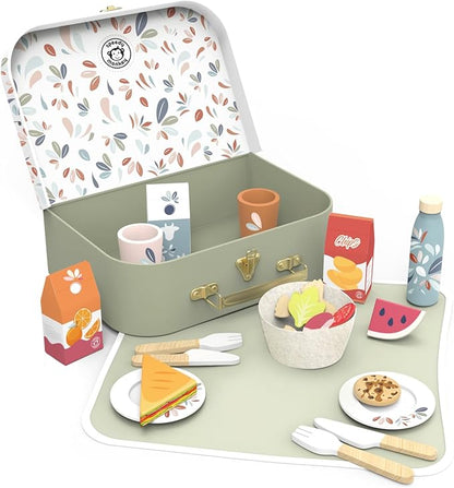 Speedy Monkey Wooden Picnic Basket Playset – FSC Certified Pretend Play Food & Fruit Toy for Toddlers & Preschoolers, Outdoor Picnic Travel Adventure, Kitchen Role Play Set for Boys & Girls