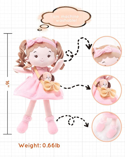 LeyaDoll Personalized Soft Baby Doll Toys (16''), My First Baby Rag Doll for 1 Year-Old Girl Birthday Gift, Christmas Plush Toys Gift for Toddler Kids Infants-Daydream-Mia-and-Her-Pet-Dog