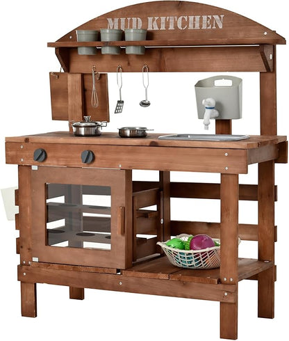 Mud Kitchen for Kids Outdoor 31.5in, Wooden Play Kitchen with Accessories for Kids Play Kitchen Set with Sink, Faucet, Plants Observation Room for Backyard Garden