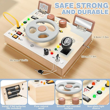 Joyreal Montessori Toddler Busy Board - Montessori Toys for 1 2 3 Years Old, Wooden Sensory Board with LED Lights, Steering Wheel, Music Player, Travel Toys for 1+ Year Old Boy & Girl Birthday Gift