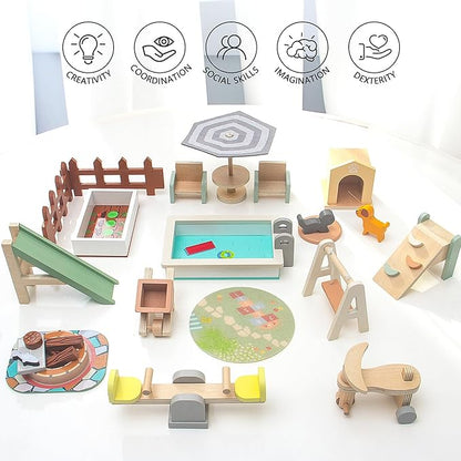 Wooden Doll House Furniture and Accessories Outdoor Play Set for Kids- Includes Slide, Swing, BBQ Grill, Pool & Garden - Perfect Doll House Decor Gift for Children 3-6 Years Birthday Christmas