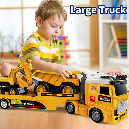 Toddler Boy Toys for Ages 3 4 5 6 7 8 Years Old, 25" Large Construction Carrier Truck Toy Excavator and Dump Truck, Friction Powered Vehicle with Lights & Sounds, Birthday Gift for Boys Girls