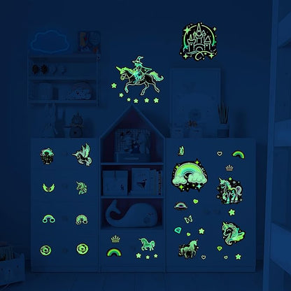 Glow in The Dark Unicorn Wall Decals, Neon Fantasy Rainbow Unicorn Wall Stickers for Girls Room, Colorful Diamond Star Love Room Decor, Baby Girl Boy Bedroom Ceiling Nursery Decoration