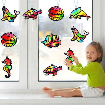 Qyeahkj 36 Set Sea Animal Suncatcher Crafts for Kids DIY Under The Sea Window Tissue Paper Craft Kit Ocean Animal Hanging Decor for Summer School Home Activity Art Project Birthday Party Favor Gift