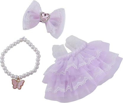 17cm Doll Clothes Set 3-Piece Doll Clothing Set with Purple Dress Necklace and Butterfly Decor Accessories for 17cm Plush Dolls, Clothes Only, No Doll Included