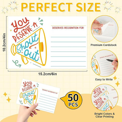 50Pcs Shout Out Card, Appreciation Cards for Teachers Students Employees Office Staff, Kudos Cards Team Classroom Good Behavior Incentive, Motivational Card for School or Workplace (Speaker)