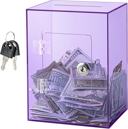 Hicocool Clear Piggy Bank with Lock, Acrylic Piggy Bank for Adults Kids Openable, Reusable Money Saving Box with Key for Birthday (Purple)