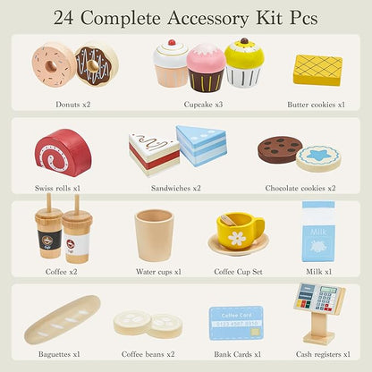 Frogprin 24 Pcs Pretend Play Coffee Shop, Kids Grocery Store Set, Wooden Drive-Thru Window, Coffee Maker, Oven, Cash Register, Bakery Toys Food Accessories Gift for Boys Girls 3+ Years Old