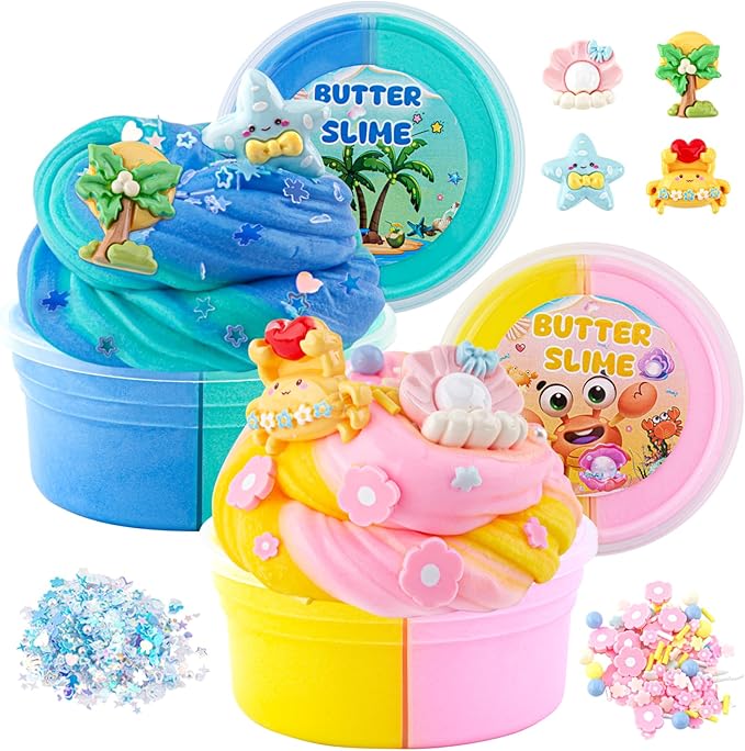 LAWOHO Butter Slime Kit Includes 2X120ml Two-Toned Butter Slime with 6 Packs Add-Ins, Slime for Kids Party Favors, Non Stick Kids Slime Kit for Girls Boys Birthday Easter Christmas Ages 8-12(Ocean)