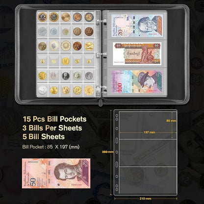 Coin Collection Book Holder for Collectors - 400 Coins Pockets+15 Bills Pockets, Coin Collection Organizer Storage Box Case Album for 20/25/ 27/30/ 38mm Coin