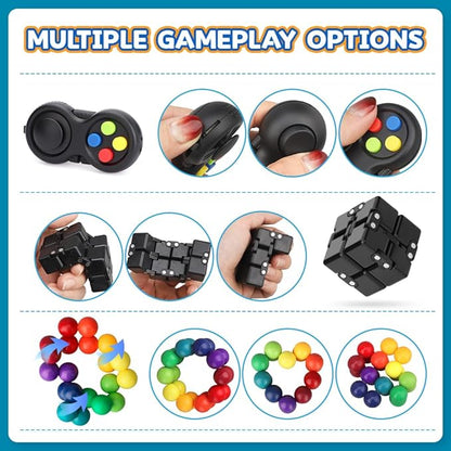 Dilabnba 9PCS Fidget Toys Bulk for Adults Teens, Cool Gadgets Office Desk Toy, Fidget Spinner Cube Pad Rainbow Sensory Ball Magnetic Stones, Goody Bag Fillers Birthday Gifts