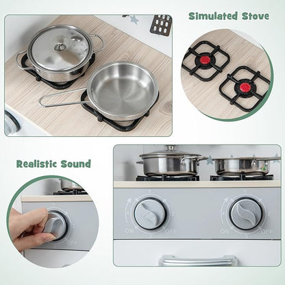 INFANS Kid Kitchen Playset, Toddler Wooden Pretend Cooking Set with Realistic Light & Sound, Stove, Sink, Microwave, Storage Cabinet, Play Kitchen Toy Set for Children Boys Girls (Green)