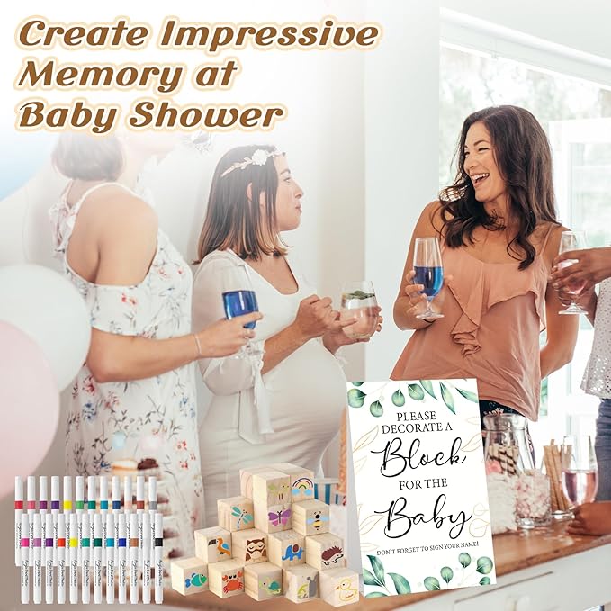 146 Pcs Baby Shower Game Sign Set Includes Decorative Square 56 DIY Blank Wooden Blocks 24 Paint Markers 27 Page Baby‘s First ABC Book (Leaf)
