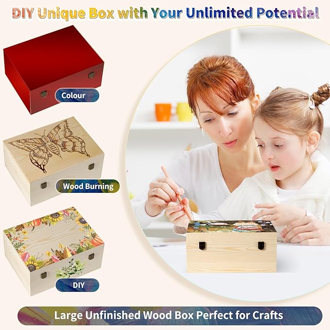 Large Wooden Box 14'' x 10.4'' x 6.5'' Unfinished Wood Box with Hinged Lid Wooden Boxes for Crafts,Storage,DIY, Large Keepsake Wood Unfinished Pine Box for Paint,Wood Burning