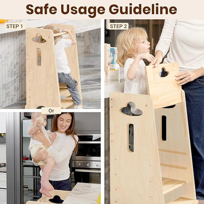 COSYLAND Height Adjustable Toddler Standing Tower - Super Stable Toddler Kitchen Stool Helper with Wooden Barrier - No Falling or Tipping Over (Natural)