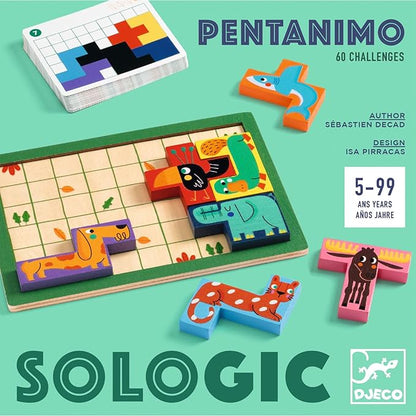 DJECO SoLogic Pentanimo - Wooden Logic Game for Little Ones - Challenging, Fun & Creative Activity for Family & Friends - Cute Animal Puzzle Toy for Children 5+ Years Girls & Boys