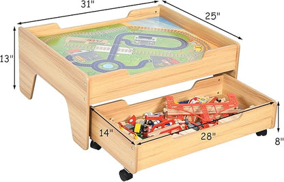 GLACER 100 Pieces Train Table, Wooden Activity Table with Storage Drawer, Tracks, Vehicles, Buildings, Wheels, Multipurpose Painted Train Table Set for Toddlers 3-5+, Gift for Boys Girls