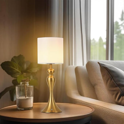 Table Lamp for Bedroom, Cordless Bedside Lamps for Living Room, Touch 3-Way Dimmable Desk Lamp for Night Stands, Rechargeable, Battery Operated Lamp with Fabric Shade for Dorm, Home Office (Brass)