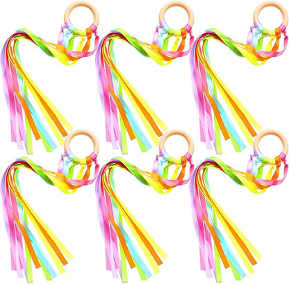 Sumind 6 Pcs Rainbow Ribbon Hand Kites Wands for Kids Dancer Streamer String Toy Thrown Waldorf Wand with Wooden Ring Wand Learning Educational(Fresh Colors)