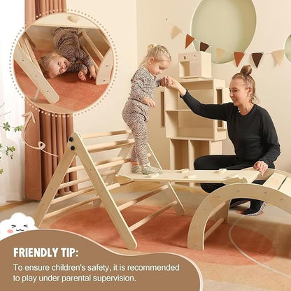 Pikler Triangle Set with Cushion Large, 5 in 1 Toddler Climbing Toys Indoor, Montessori Foldable Climbing Set for Kids, Wooden Playground Jungle Gym with Ramp, Arch and Ladder (Wooden Color)