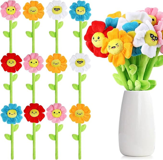 18 Pcs Plush Smile Flower Stuffed Bendable Stems Plush Bouquet Toy Soft Floral 12.6 Inch for Graduation 2025 Mother's Day Valentines Day Girl Girlfriend Wife Family and Friends(Elegant Style)