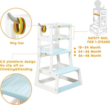 SDADI Adjustable Height Kids Kitchen Step Stool with Removable Safety Rails and Anti-Slip Protection- Toddler Standing Tower with with Ring Toss for Learning and Playing (Beige and Blue)