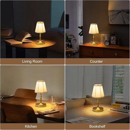 Cordless Mini Lamps Gold,3000 mah Battery Operated Lamp,3 Color Temperature Dimmable Table Lamp,Small Rechargeable Table Lamp Fabric,Aesthetic Small Kitchen Lamp for Counter,Dinner (Gold,2 Pack)