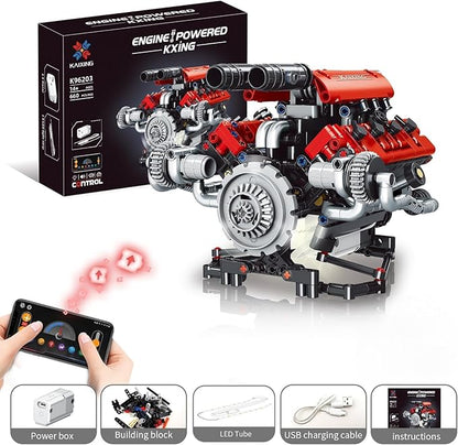 Sports Car Engine Building Blocks Kit,V8 Engine Model That Work Toy,with Motor, LED Light & APP Control for 6+ Years Kids Adults (660 Pieces)