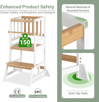 COSYLAND Toddler Standing Tower - Adjustable Height Toddler Kitchen Stool Helper - Kids Kitchen Step Stool for Learning with Removable Safety Railing White & Natural