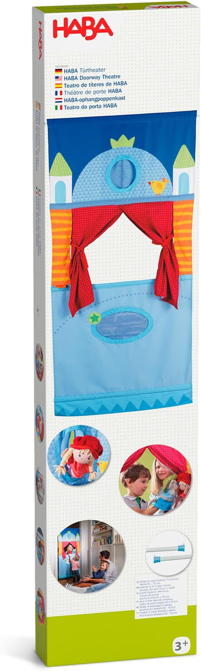 HABA Doorway Puppet Theater - Space Saver with Adjustable Rod: Ideal for Pretend Play, Hand Puppets, Educational Kids Activities, & Toys for Toddlers