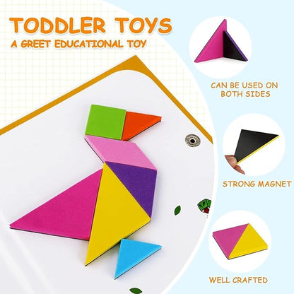 FOOZZILLA Magnetic Tangram Puzzle Set - 2 Sets of Magnetic Pattern Blocks for Road Trip Games and Educational Jigsaw Challenges - Brain-Teasing Fun for Kids and Adults with 368 Solutions