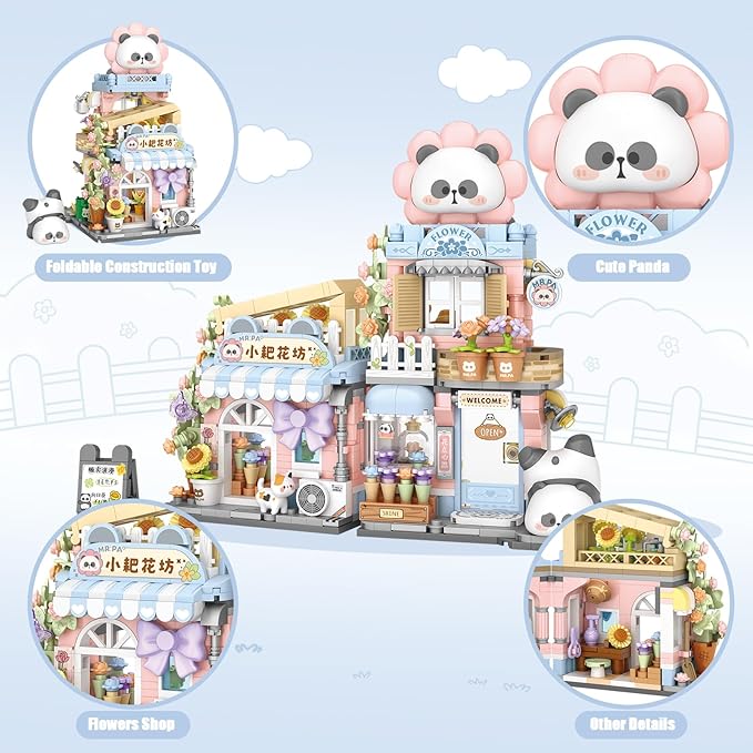 Street View Flower House Shop Mini Building Blocks, MOC Creative Building Toys Cute Panda Building Set for Kids 6-12, Simulation Architecture Construction Toy, Gift Idea for Kids Adults (810PCS)