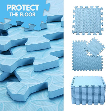 Coolcandy EVA Foam Play Mat, 16 Tiles Colorful Baby Play Mat, Square Kids Playmat with Solid Colored, 0.4" Thickened Interlocking Foam Floor Tiles, Puzzle Play Mat For Baby Lying, Playing (Light Blue)