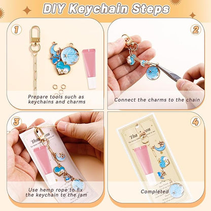 Wurosi 52 Set Lip Gloss Keychain Making Kit, Gold Keychain Clips Hooks with Extender Chain, Gift Bags, Thank You Cards, 5M Hemp Rope, for DIY Key Chain Making Crafts
