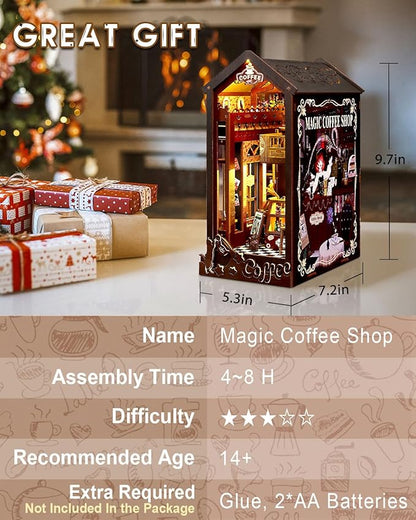 Book Nook Kit Magic Coffee Shop, DIY Miniature House with LED Lights, 3D Wooden Puzzle for Adults & Teens, Bookshelf Decor Craft Gift for Family & Friends