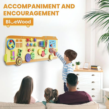 BlueWood School Bus Wall Busy Board Panels, Toddler Learning Activity Center, Montessori Philosophy Sensory, Educational Toys, Conducive to All-Round Development