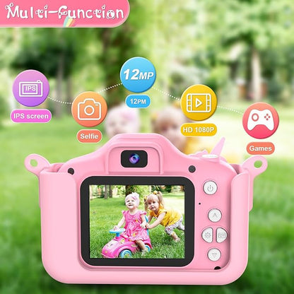 PROGRACE Kids Camera for Girls and Boys - Ages 3-12, Digital Video Camcorder Toy with Cartoon Soft Cover - Unicorn Camera with 32GB SD Card - Best Christmas Birthday Gift for Kids, Pink