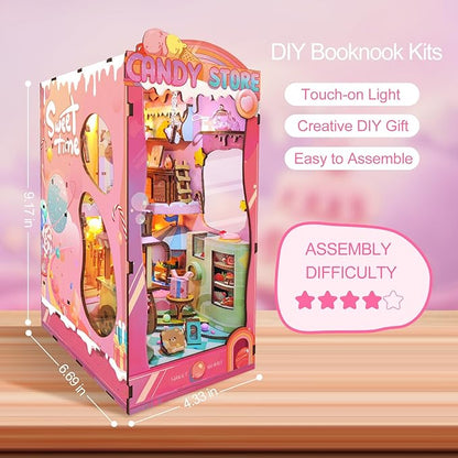 DIY Book Nook Kit,Miniature Candy House Kit for Adults,Booknook Dollhouse Kit Bookshelf Decor Tiny House Kit,3D Wooden Puzzle with LED Dust Proof,Diorama Crafts Birthday Gifts Girlfriend Valentine's