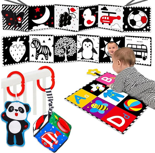 4 PCS Black and White High Contrast Baby Toys 0-3-6 Months Newborn Essential Montessori Toy for Babies Crinkle Sensory Book Brain Development Tummy Time Mirror Infant Carseat Rattle Easter Shower Gift
