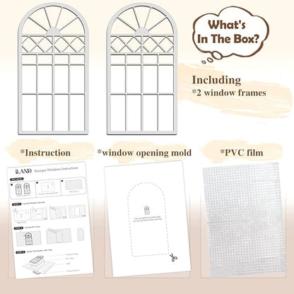 iLAND 1/12 Scale Accessories of Dollhouse Window, Wooden DIY Dollhouse Building Supplies, Complete Miniature Window Kit w/Wooden Frame & Grid Pattern PVC Film