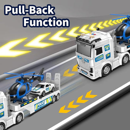 Kids Toys for Ages 3 4 5 6 7 8 Years Old Boys, 25" Large Police Semi Truck with Helicopter & Race Car, Friction Powered Vehicle with Lights & Sounds,Birthday Gift for Boys Girls