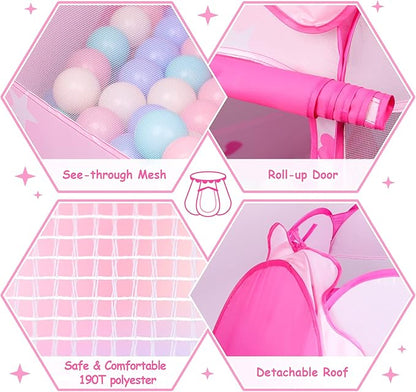 Princess Tent Girls Kids Playhouse Pop Up Play Tent with Star Light Tent for Kids Ball Pit Toys for 1,2,3 Years Girl Birthday Gift for Indoor Outdoor Toddler Girl Gift, Easy to Pop Up and Assemble