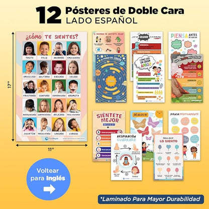 12 Laminated Feelings Posters for Kids - English & Spanish - Calm Down Corner Supplies - Therapy & School Counselor Supplies - Emotions Posters for Home and Calming Corner Classroom